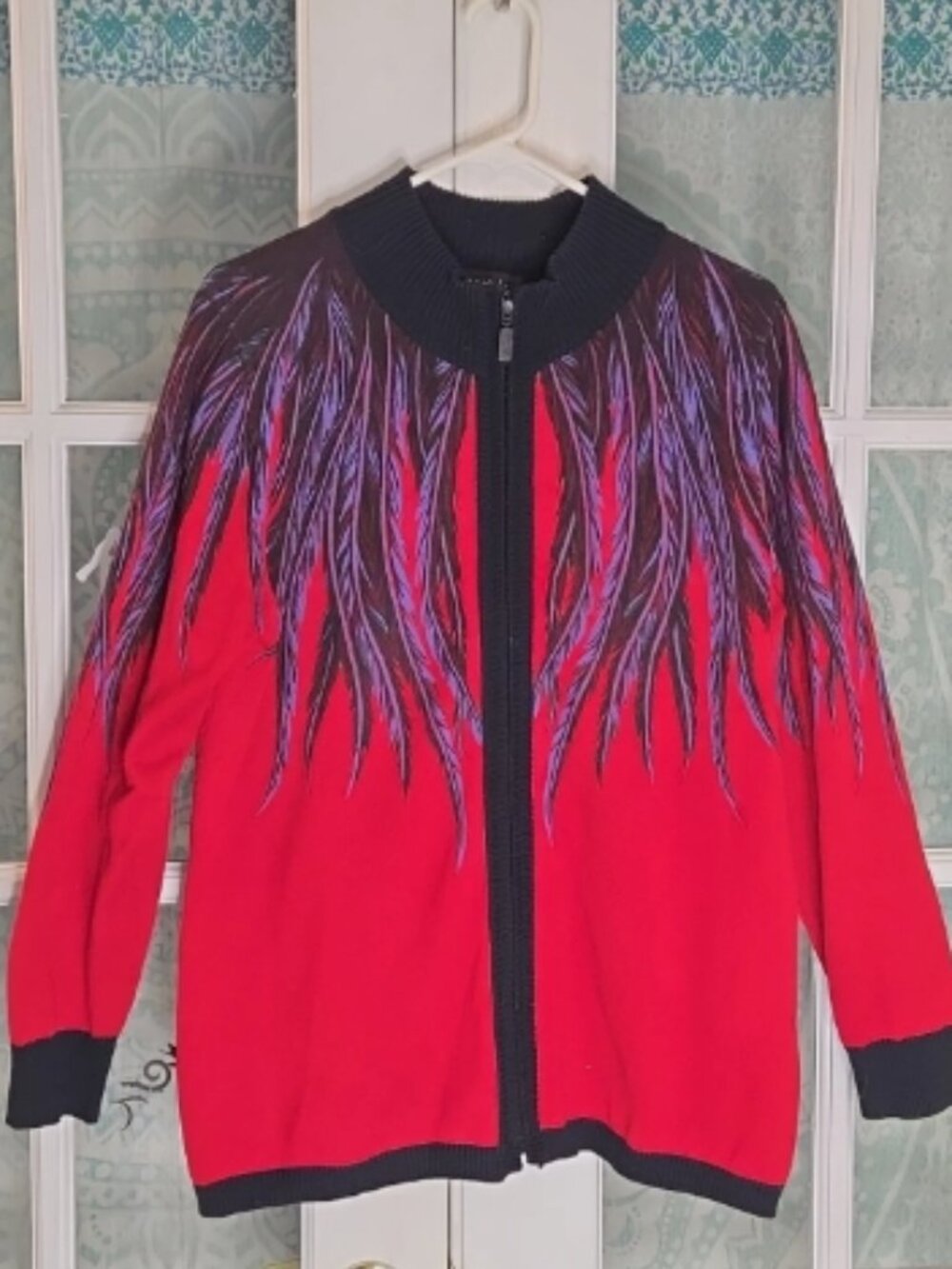 NWT Iconic Bob Mackie Wearable Art Cardigan Zip Up Sweater L Feathers